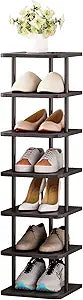 SORCEDAS 7 Tiers Vertical Shoe Rack Wooden Shoe Storage Organizer for Space Saving Narrow Shoe Shelf Storage 7 Pairs for Entryway Living Room Bedroom(Black + Rustic Dark Brown)