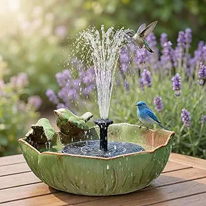 Large Ceramic Bird Bath Bowl with Solar Powered Fountain, Solar Bird Bath Fountain for Outdoors, Hummingbird Solar Water Fountain for Bird Bath, Tabletop Garden Bird Bath for Patio Yard Outdoor Dcor