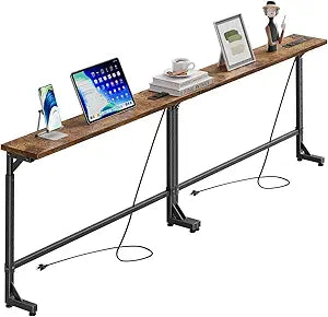 Simple Trending 78.75 Inch Narrow Console Table with 2 Charging Station, Behind Couch Table Set of 2, Sofa Table Adjustable Height, Long Entryway Tables for Living Room, Rustic Brown
