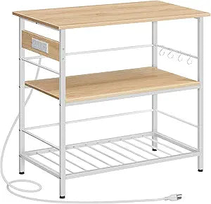HOOBRO Kitchen Island with Storage, Kitchen Island Table with Power Outlet, 3 Tier Coffee Station and Microwave Stand, for Home, Kitchen and Dining Room, Natural and White WN021ZD01