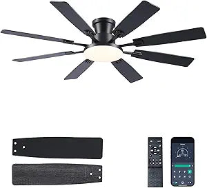 JSAITEE 60Inch Ceiling Fan with Lights and Remotes, Large Low Profile Flush Mount Ceiling Fans,DC Reversible Motor, 3CCT Dimmable,Noiseless,Dual Finish, Black 6 Speeds Ceiling Fan for Indoor/Outdoor
