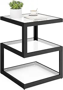 3-Tier Tempered Glass Side Table with Metal Frame, USB Port and Dimmable Blue LED Light Strip for Living Room & Bedroom 15.7" x 15.7" x 19.7" (Square)