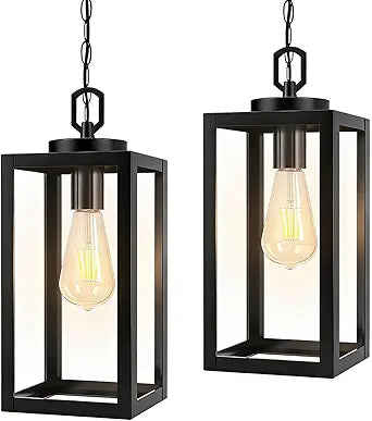 2 Pack 13" Outdoor Pendant Light for Porch,Black Lantern Hanging Chandelier with Adjustable Chain, Anti-Rust Exterior Hanging Ceiling Fixture for Hallway,Front Door,Entryway Patio.