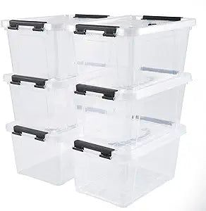 Eslite 6 Quart Plastic Stackable Storage Latch Bins,Clear Latching Box with Handle and Lid,Pack of 6 (Black Handle)