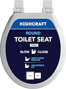 HIGHCRAFT Premium Round Toilet Seat with Slow-Close Design, Adjustable Hinges & Quick Removal Mechanism - Molded Wood Toilet Seat - Fits Standard Round Toilets - Toilet Seat in White