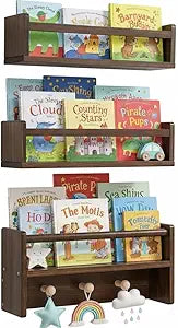 AZSKY 16 Inch Nursery Book Shelves Wall Floating Bookshelf with Hook Deep Walnut Hanging Book Shelf Toddler Room for Kids Room Bedroom Bathroom Living Room Kitchen Set of 3