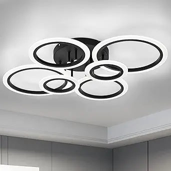 Modern LED Flush Mount Ceiling Light, 6 Rings Black Close to Ceiling Light Fixtures, Living Room Lighting Fixture Ceiling Lamp for Kitchen, Bedroom, Laundry Room, 4000K Not Dimmable