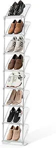 SMILHELTD Vertical Shoe Rack 8 Tiers  Narrow Space Saving Clear Sneaker Storage, Tall Slim Shoe Organizer with 45 Tilt, for Entryway Garage Closet, Transparent, 10.4" W x 64.5" H