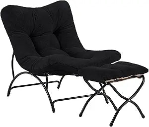 Tiita Accent Lazy Chair with Ottoman, Comfy Lounge Chair with Metal Frame and Plush Fabric, Thick Cushion Seated Cozy Recliner Chair for Reading Room, Living Room, Bedroom, Office, Black