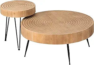 COZAYH 2-Piece Round Nesting Coffee Table Set, Natural Wood Top with Black Metal Legs, Ring Pattern  Rustic Farmhouse Accent for Living Room or Bedroom  Space-Saving Modern Furniture