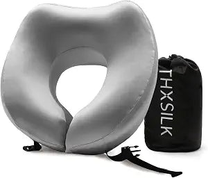 THXSILK 100% Mulberry Silk Neck Pillow for Traveling and Airplane, Memory Foam Travel Pillow for Neck Support on Car and Flight Sleeping with Storage Bag (Grey)