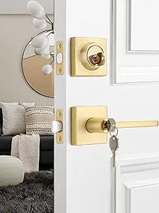 EHOMEWARE 1 Set Entry Door Handle and Single Cylinder Deadbolt Lock and Key Combo Pack - Heavy Duty Square Locking Lever Set - Interior/Exterior Door Levers in Satin Brass Finish
