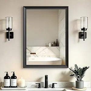 Black Bathroom Mirrors for Over Sink 22x30 Inch, Rectangle Vanity Mirror for Bedroom, Entryway, Living Room, Aluminum Alloy Framed, Inner Curved Wide Edge, Anti-Rust