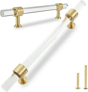 QOGRISUN 5-Pack Acrylic Cabinet Pulls with Brass Base, Gold Modern Drawer Handles, 5-inch Hole Center for Kitchen, Dresser Drawer Clear Glass Crystal Pulls, 7.7-inch Total Length