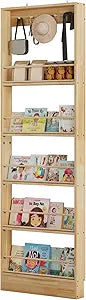 Wooden Kids Bookshelf, 5-Tier Wall Mounted Storage Shelf with Anti-Tip Device, Space-Saving Organizer for Toys & Books, Built-in Hooks & Raised Edges, for Nursery, Bedroom, Playroom