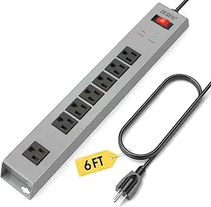 7 Outlet Metal Long Power Strip with Overload Protection 6ft Cord, Grey