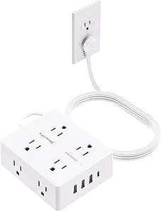 Olcorife Flat Plug Power Strip with 10 FT Extension Cord, 8 Outlets 4 USB Ports(1 USB C), 3 Sided Outlet Extender for Home Office Travel Dorm Room Essentials, White