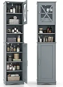Giantex 67" Tall Storage Cabinet, Bathroom Floor Cabinet with Acrylic Door, Adjustable Shelves, 2 Open Compartments, Bathroom Cabinet for Kitchen, Living Room, Dining Room, Office (Grey)