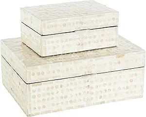 Deco 79 Mother of Pearl Shell Geometric Handmade Decorative Box Mosaic Dot Storage Decorative Keepsake Box with Brown Accents, Set of 2 Storage Box 12", 8"W, Cream