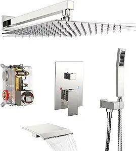 Rain Shower System 12 inch Shower Faucet Set with Tub Spout,Bathroom Wall Mounted Waterfall Shower Head Faucet Sets Complete with Handheld Spray,Rough-in Valve Body and Trim kit,Chrome Polished