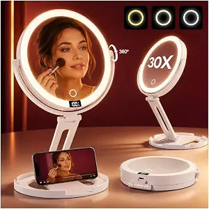 Travel Makeup Mirror with Lights, 1X/30X Double-Sided Magnifying Mirror