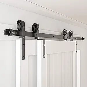 4-14FT Bypass Sliding Barn Door Hardware Kit Single Track System Carbon Steel Basic Roller Hanger Easy to Install Fit Double 40" Wide Doors Panels (6.6ft Single Track Bypass)