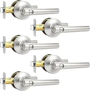 5 Pack Privacy Brushed Nickel Door Handles, Keyless Nickel Door Lever Indoor for Bedroom Bathroom, Heavy Duty Door Handles Interior for Left Right Sided Doors, Satin Nickel Door Handle