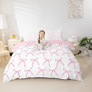 Cartoon Bowknot Kids Duvet Cover Set Queen Size,Pink Bow Tie Butterfly Knot Princess Bedding Set,Girls Women Room Decor,Watercolor Bow Patchwork Pink White Quilt Cover,2 Pillowcases(No Comforter)