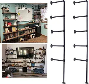 Industrial Wall Mount Iron Pipe Shelf Bracket,Vintage Retro Black DIY Open Bookshelf, Storage Shelves, Ceiling hung Shelves for Home Kitchen Office(2PcsX5Tier,70" Tall,12"deep,Hardware Only)