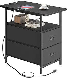 sthmec End Table with Charging Station, Narrow Side Table with 2 Drawers, Nightstands with Drawers, USB Ports & Power Oulets,Slim Sofa Side Tables for Small Spaces,Living Room,Bedroom,Black