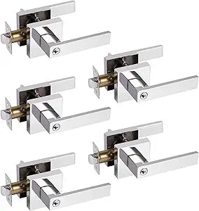 Probrico 5 Pack Keyed Entry Lever Locks for Exterior Door & Front Door, Heavy Duty Entrance Door Handles, Polished Chrome Universal Handing Hardware Lockset (Different Keys)