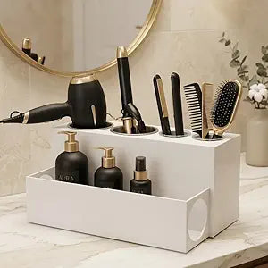 SOL ECO Hair Tool Organizer for Bathroom Countertop - Heat-Safe Stainless Steel Cups - Professional Acrylic Styling Station for Blow Dryers, Flat Irons, Curling Wands and Brushes (Acrylic)