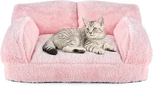Cat Couch Bed with Removable Cover Washable Pink Small Dog Bed Soft Plush Pet Sofa for Indoor Cats Cute Princess Puppy Cushion, Non-Slip Bottom (Pink, 26x19x13 inch)
