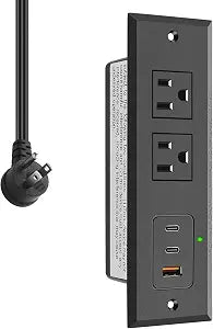 CCCEI Recessed Power Strip with Two USB-C Ports, Fast Charging USB A Port Desk Outlet, Black Furniture Hidden Charging Station for Side Table, End Table, with 6 FT 45 Degree Flat Plug Extension Cord.