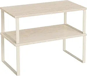 SONGMICS Cabinet Organizer Shelf, Set of 2 Kitchen Counter Shelves, Kitchen Storage, Spice Rack, Stackable, Expandable, Metal and Engineered Wood, Travertine Beige and Cream White UKCS025L01