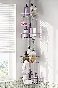 Corner Shower Caddy Tension Pole: Stainless Steel Rustproof 4-Tier Shower Organizer - 47-121 inch Adjustable Bathroom Shelves for Bathtub Shampoo Storage - Tension Rod Floor Standing Bath Rack