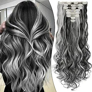 Clip in Hair Extensions 24 Inch 8PCS Natural Black Mix Silver Grey Long Wavy Synthetic Hair Extensions Clip ins Thick Double Weft Extensions for Women