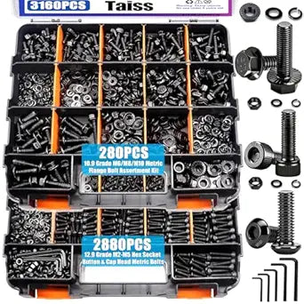 Taiss 3160PCS Metric Flange Bolt Assortment Kit,Nuts and Bolts Assortment Kit M2 M3 M4 M5 M6x1.0 M8x1.25 M10x1.5 Bolt(4-45mm)42 Sizes Hex Socket Button & Cap Head Metric Screw 10.9 Black Zinc Plated
