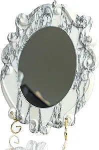 DUANYAN Marble Vintage Makeup Mirror with Stand, Oval Antique Vanity Mirror for Dresser, Baroque Tabletop Mirror for Bedroom/Living Room/Desk, 2-in-1 Mirror & Tray (12.8'' x 9.8'' Arabescato)