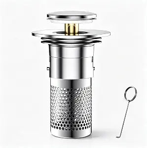 Sink Drain Stopper with Hair Catcher, 304 Stainless Steel Bathroom Sink Drain Strainer, Universal Pop Up Bathtub Drain Stopper for 1.2-1.5 Inch Drain Holes, Includes Cleaning Hook