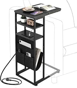 C Shaped End Table with Charging Station, 28"(H) 3-Tier C Table with Storage Bag, Under Couch Table C-Shaped End Table with Storage Shelves and Bag for Living Room, Bedroom, or Office