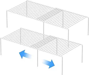 Kitchen Cabinet Expandable Shelf Organizers Set of 2, Adjustable Metal Wire Pantry Storage Shelves, Plate Dish Organizer Rack for Cabinets, Cupboard, Counter, Freezer, Countertop, White