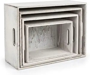 Oojami 4 Pack Nesting Wooden Storage Crates  Decorative Whitewashed Wood Boxes with Cutout Handles for Farmhouse Home Decor, Pantry Organization, and Shelf Display