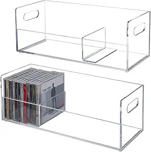 MyGift 2 Pcs Clear Acrylic CD Holder Racks, Stackable CD Storage Box, Music Disc DVD Display Cases, Modern Media Cassette Organizers with Cutout Carrying Handles