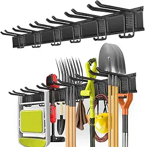 PIYILO Garage Tool Organizer Wall Mount with 48 inches Rails and 6 Double-layer Hooks, Garden Tool Rack Heavy Duty, Garage Hanging Storage Rack For Yard Tools, Shovel, Shed