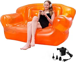 Transparent Inflatable Sofa & Portable Air Couch  Double Person Blow-Up Chair for Kids Adult Indoor/Outdoor Use, Camping, Beach, Patio & Yard PVC Furniture (Multi-Color Options) (Orange)
