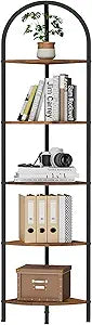 Homhedy 5-Tier Arched Corner Shelf Stand, Wall Corner Bookshelf with Metal Frame, Plant Stand, Industrial Storage Rack Shelf for Living Room, Bedroom, Office, Bathroom, Rustic Brown and Black
