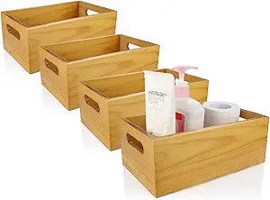 A Selected Pine Wood Organizer Open Box 4 Packs, 6x10 Wooden Storage Container with Handle for Bathroom and Kitchen