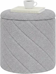 B FSOBEIIALEO Ottoman with Stroage, Boucle Round Storage Ottoman with Tray,Foot Rest Stool for Dorm Room, Living Room Grey, 12.99"x12.99"x13.78"