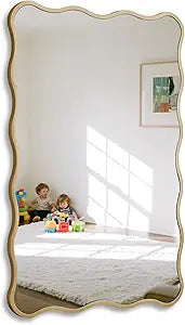 Gold Wavy Bathroom Mirror 20x30 Rectangle Scalloped Farmhous Mirror Modern Wood Farme Mirror Wall Decor for Bathroom Entryway Living Room Bedroom Hallway